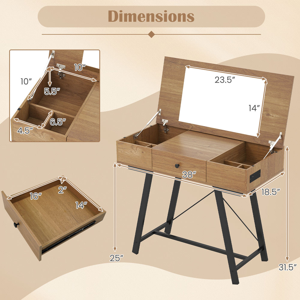 Vanity desk with flip top mirror, rustic brown finish, featuring storage compartments and built-in power outlets for.