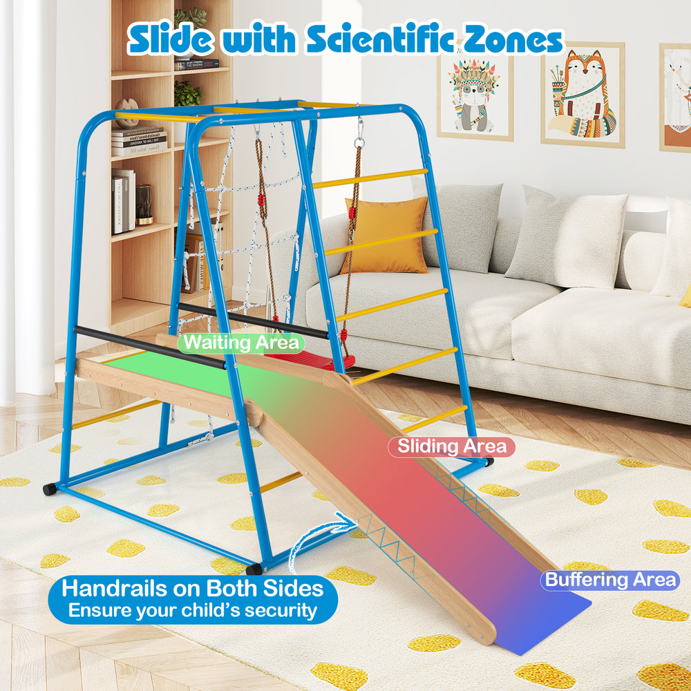 Indoor jungle gym with blue slide featuring safety handrails and multiple play areas for children aged 3 and up.