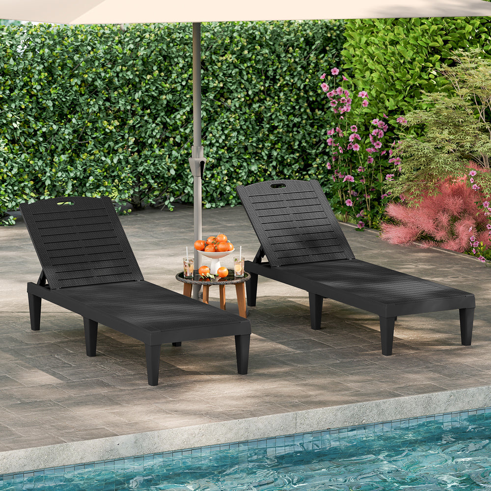 Black outdoor PP chaise lounge chairs set of 2 with adjustable backrests, perfect for poolside relaxation.