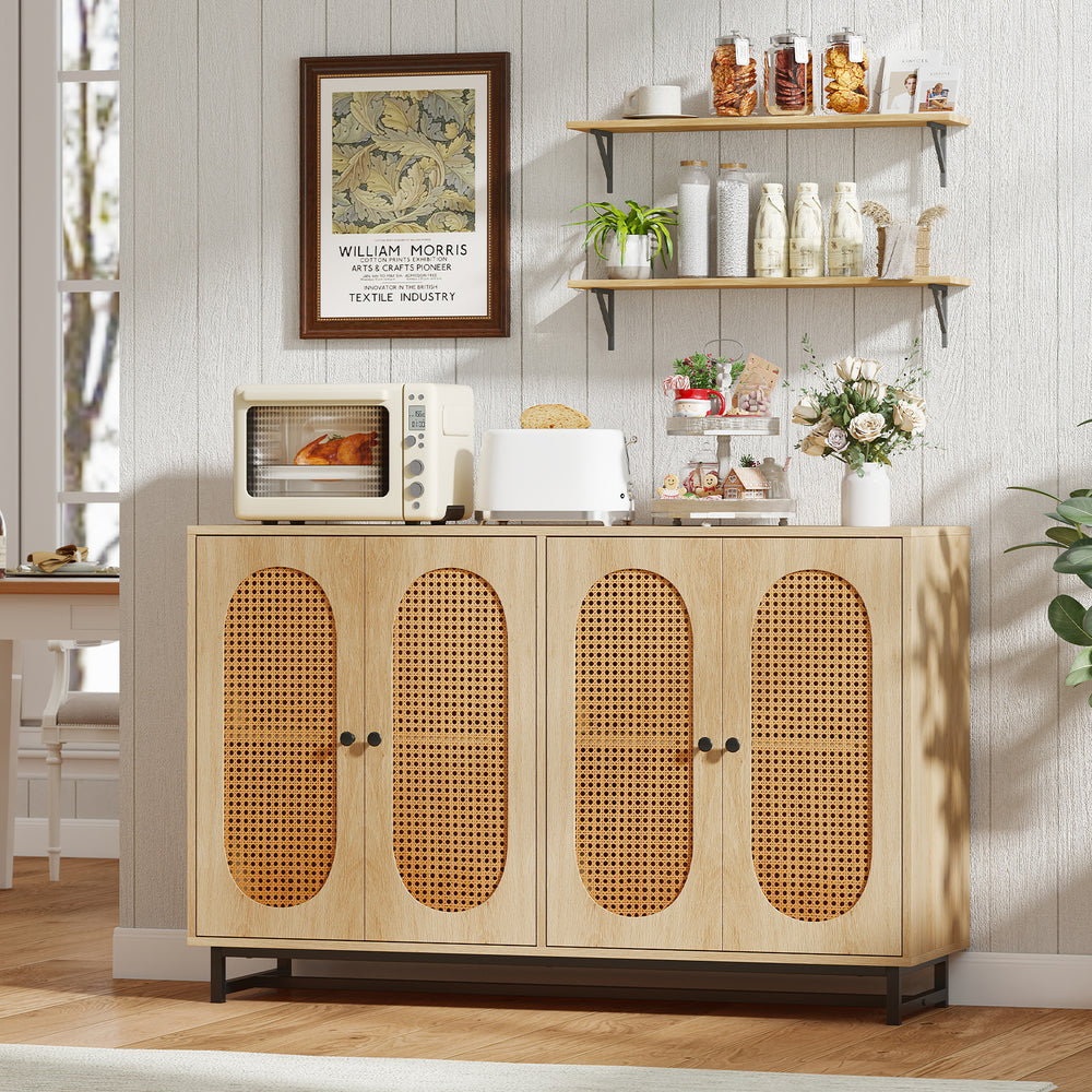 50-inch buffet sideboard cabinet with 4 rattan doors, adjustable shelves, and a natural finish for versatile storage.