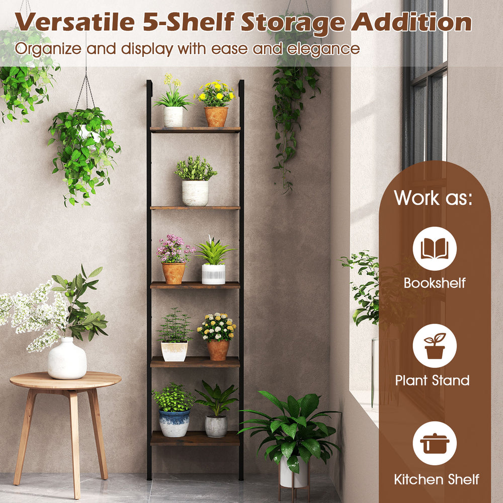 5-tier wall mount ladder shelf in rustic brown, ideal for books, plants, or kitchen items, featuring anti-tipping kits.