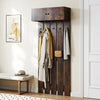 Wall-mounted coat rack in rustic brown with upper storage and five metal hooks, ideal for entryways and compact spaces.