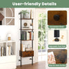 5-tier ladder bookcase in rustic brown with a pull-out drawer, adjustable foot pads, and metal frame for home office.