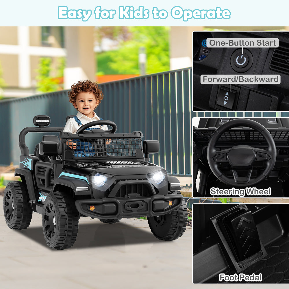 Kids ride-on truck in black with steering wheel, foot pedal, and LED headlights for safe outdoor adventures.