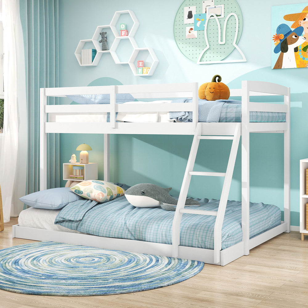 Twin over full low floor bunk bed frame in white with integrated ladder, ideal for kids' rooms and space-saving.