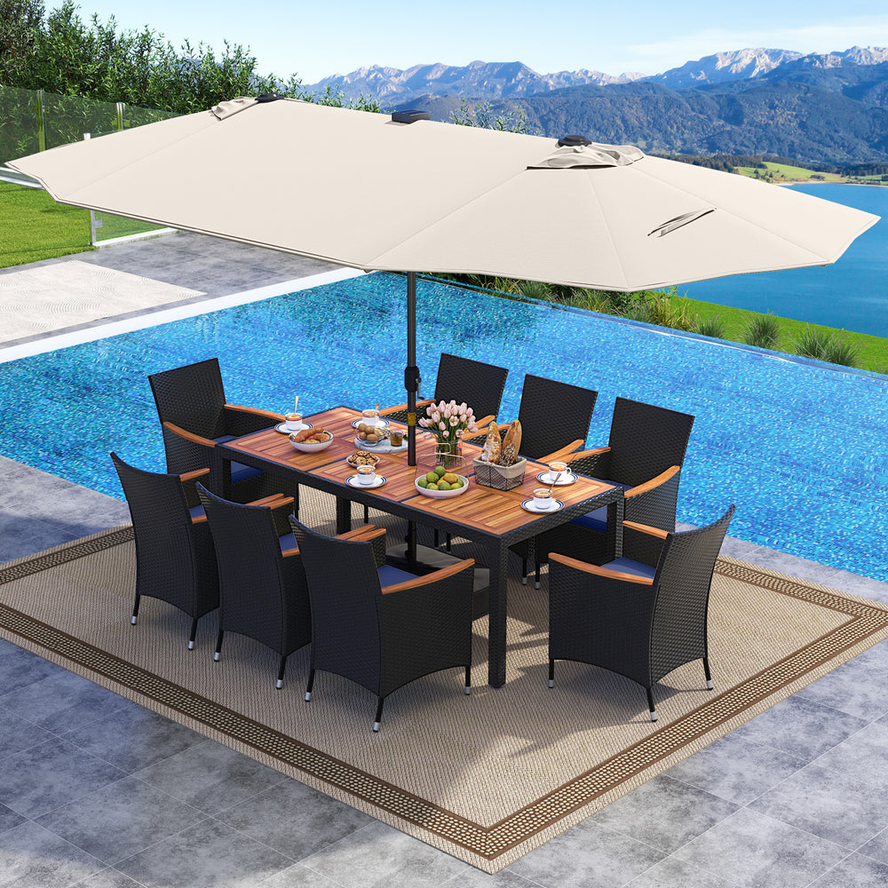 11 Pieces Patio Dining Set with LED Patio Umbrella with Base and Seat Cushions (Navy)-Beige - Gallery View 1 of 11