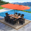 Patio dining set featuring a large acacia wood table, 8 chairs, and a 15 ft orange LED umbrella for outdoor gatherings.
