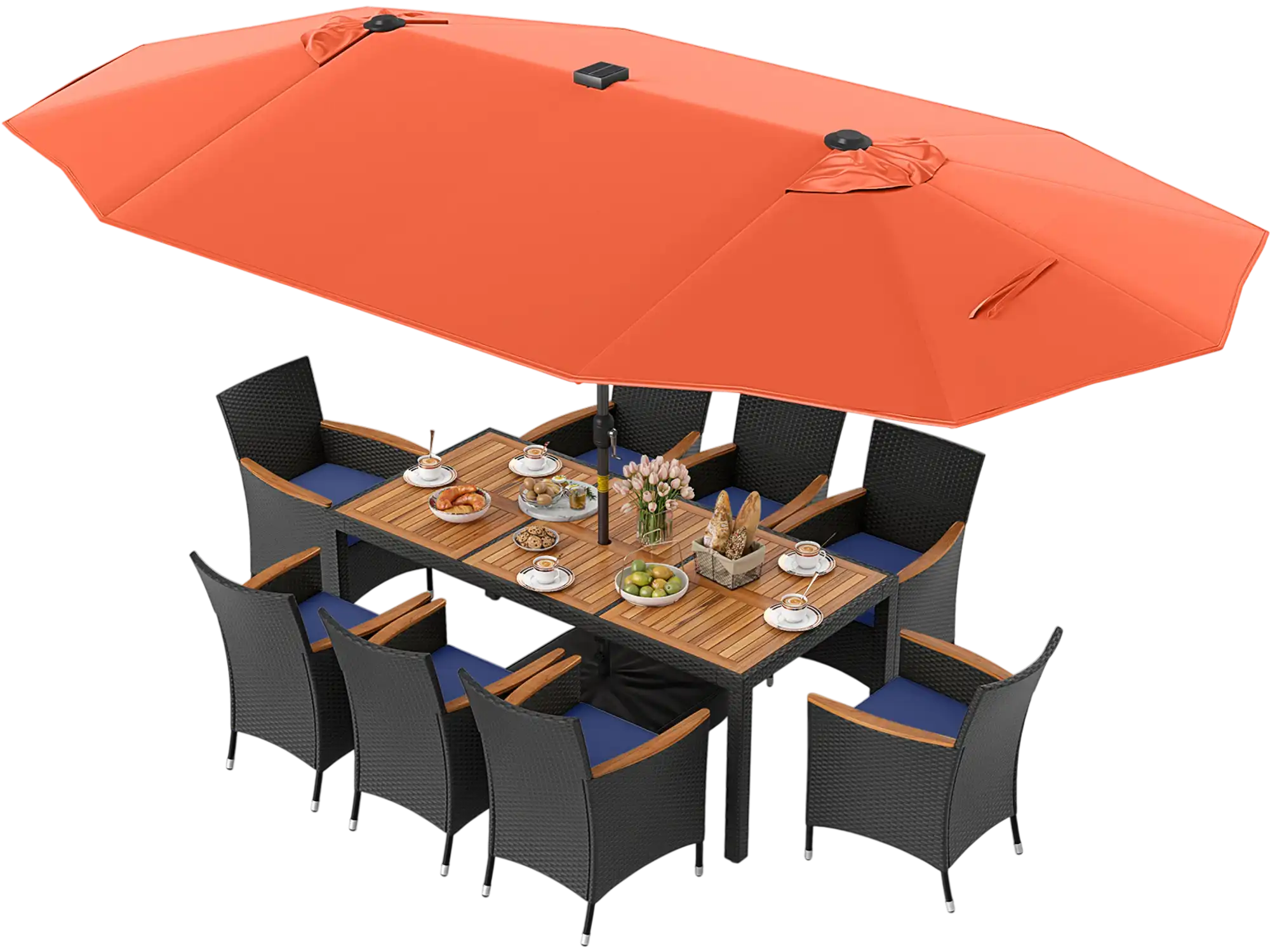 Costway 11-Pc Patio Dining Set w/ LED Umbrella Base Seat Cushions Navy 496781235 New