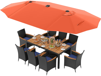 Costway 11-Pc Patio Dining Set w/ LED Umbrella Base Seat Cushions Navy 496781235 New