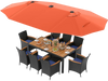 11-piece patio dining set featuring a large orange umbrella, navy cushions, and hand-woven PE rattan for outdoor dining.