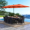 Patio dining set featuring a navy hand-woven PE rattan design with an orange LED umbrella for outdoor gatherings.