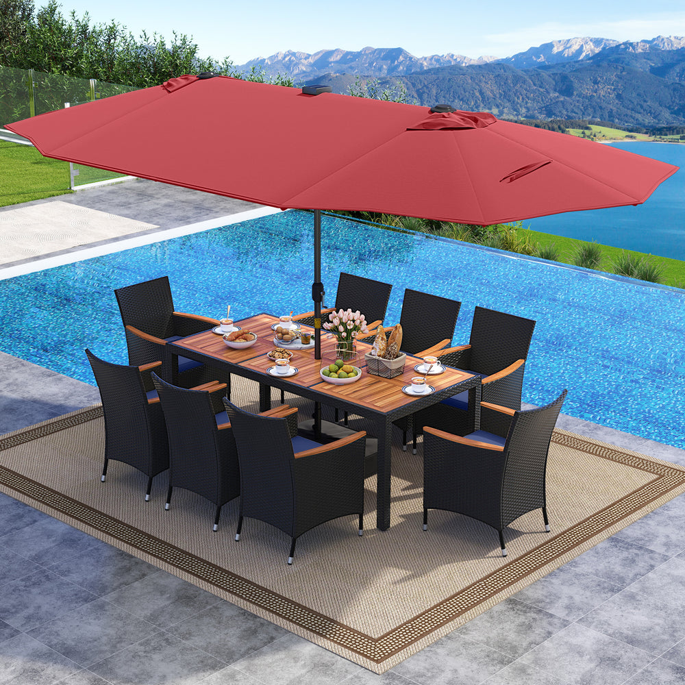 11 Pieces Patio Dining Set with LED Patio Umbrella with Base and Seat Cushions (Navy)-Wine - Gallery View 1 of 11