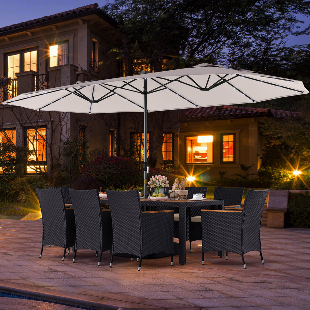 11 Pieces Patio Dining Set with LED Patio Umbrella with Base and Seat Cushions (Beige)-Beige - Gallery View 1 of 11