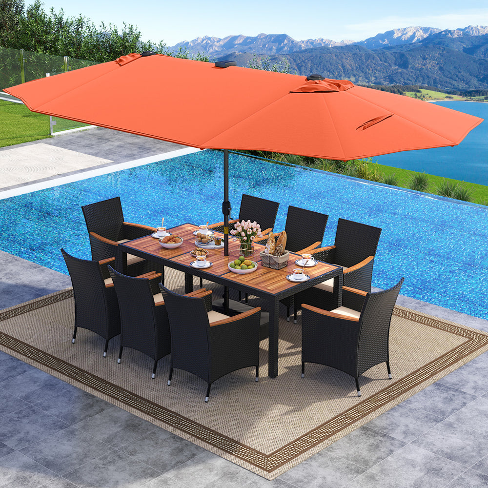 11 Pieces Patio Dining Set with LED Patio Umbrella with Base and Seat Cushions (Beige)-Orange - Gallery View 1 of 11