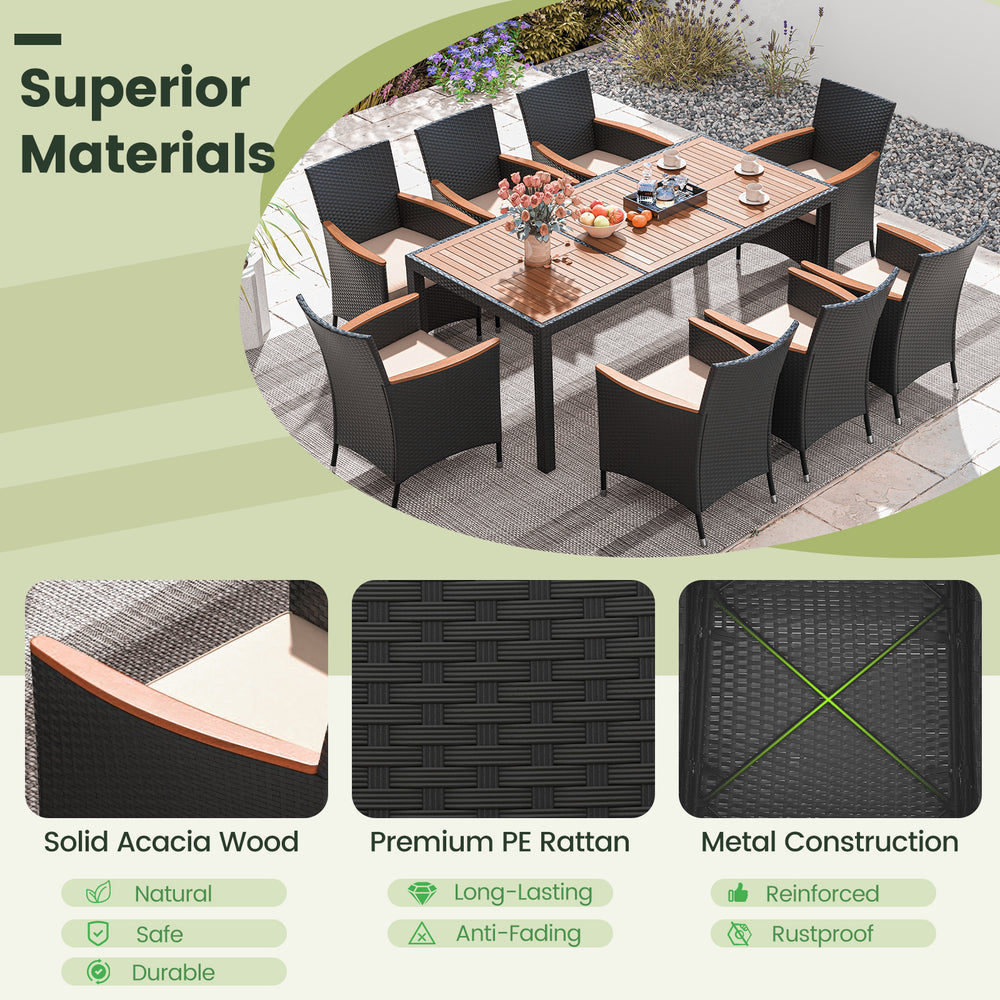 11-piece patio dining set featuring solid acacia wood and hand-woven PE rattan, perfect for outdoor dining and.