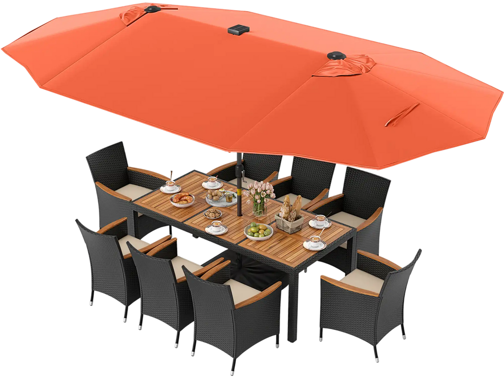 11-piece patio dining set featuring a large orange LED umbrella, acacia wood table, and cushioned rattan chairs for.