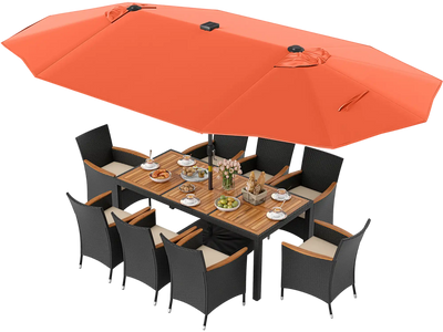Costway 11-Pc Patio Dining Set w/ LED Umbrella Base Seat Cushions Beige 513627894 New