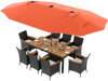 11-piece patio dining set featuring a large orange LED umbrella, acacia wood table, and cushioned rattan chairs for.