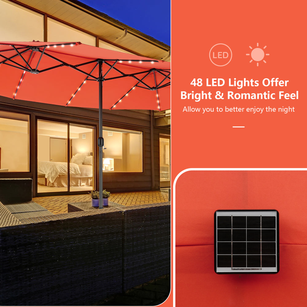 11-piece patio dining set featuring a 15 ft LED umbrella with beige cushions, perfect for outdoor dining and ambiance.