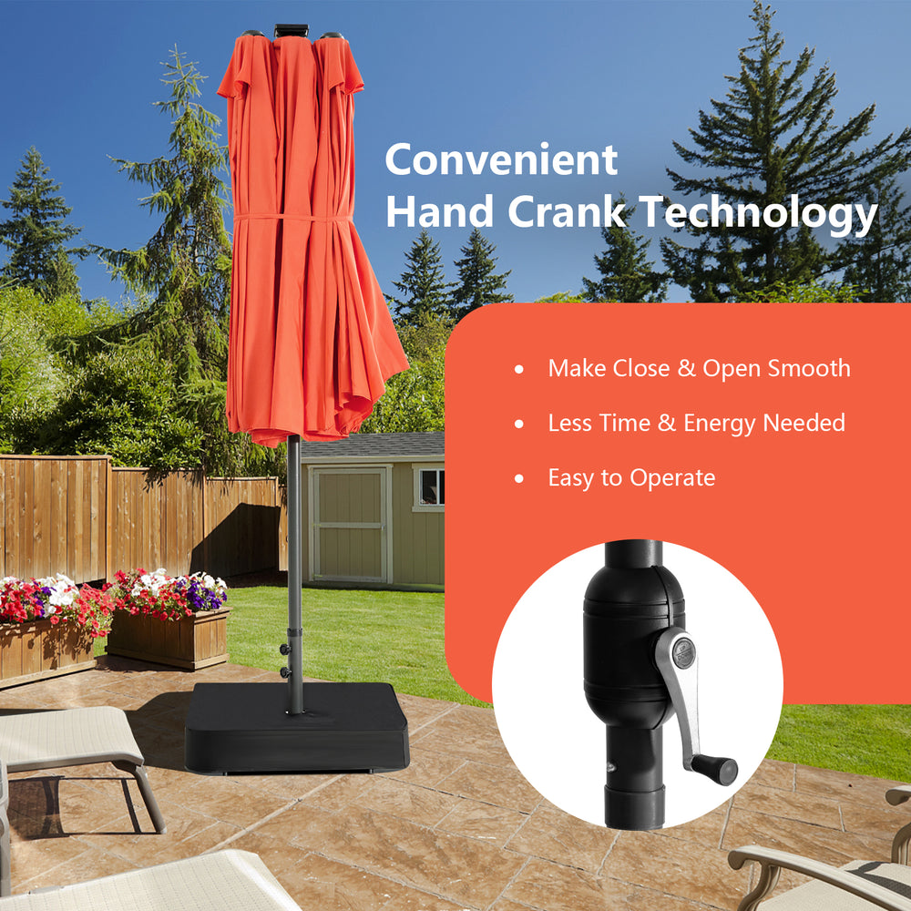 11-piece patio dining set featuring a large orange LED umbrella and beige cushions, perfect for outdoor gatherings.