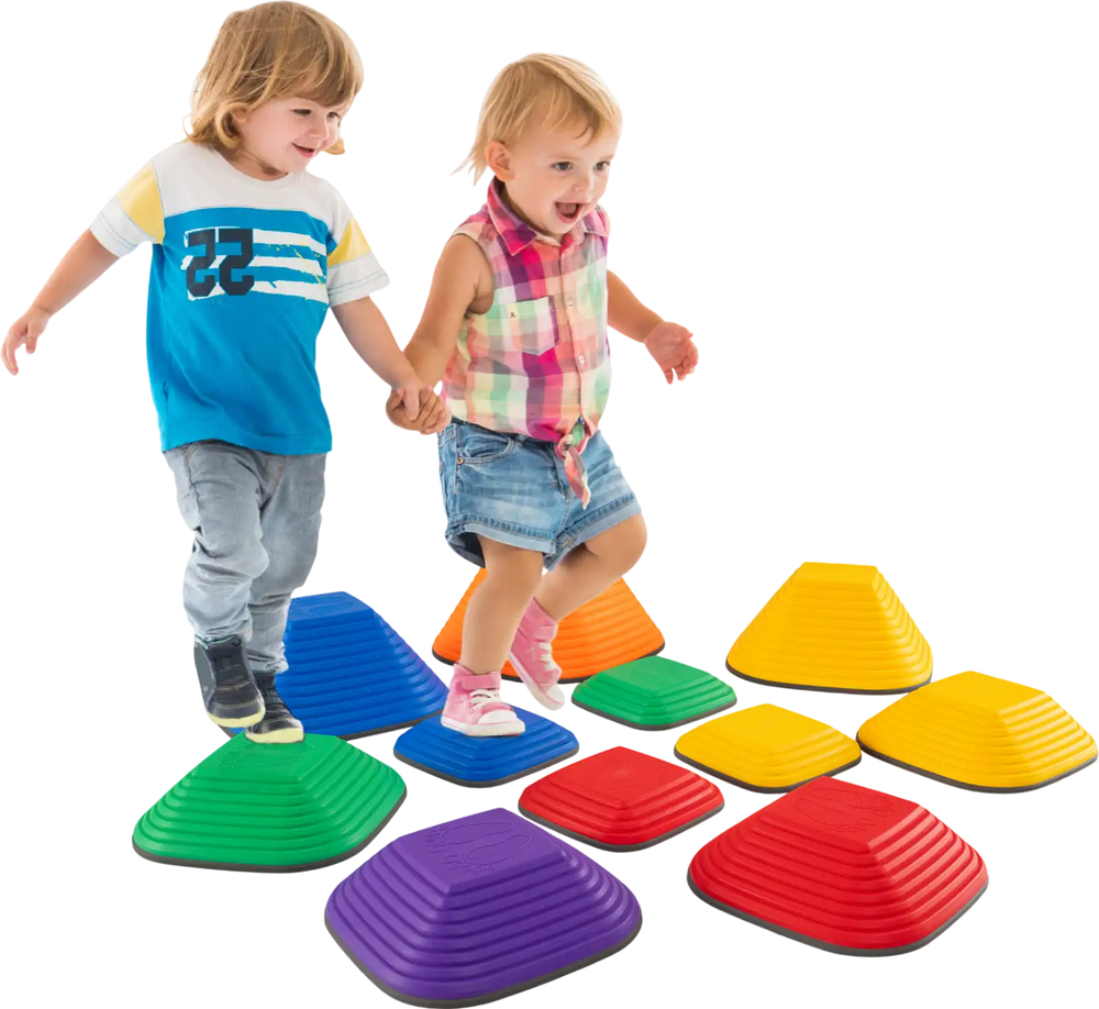 Colorful 11-piece kids stepping stones in various sizes and steepness, promoting balance and teamwork for indoor and.