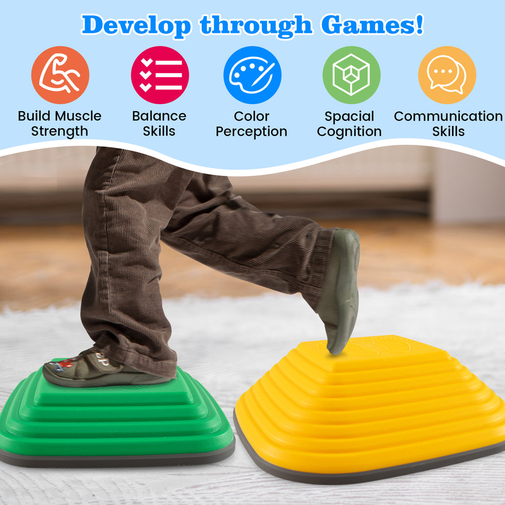 Colorful kids' stepping stones in green and yellow, promoting balance skills and muscle strength for indoor and outdoor.