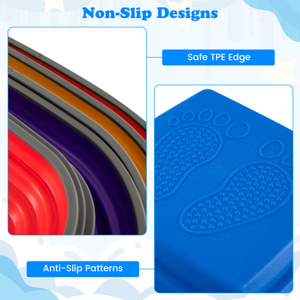 Colorful kids' stepping stones with anti-slip TPE edges, promoting balance and muscle strength for indoor and outdoor.