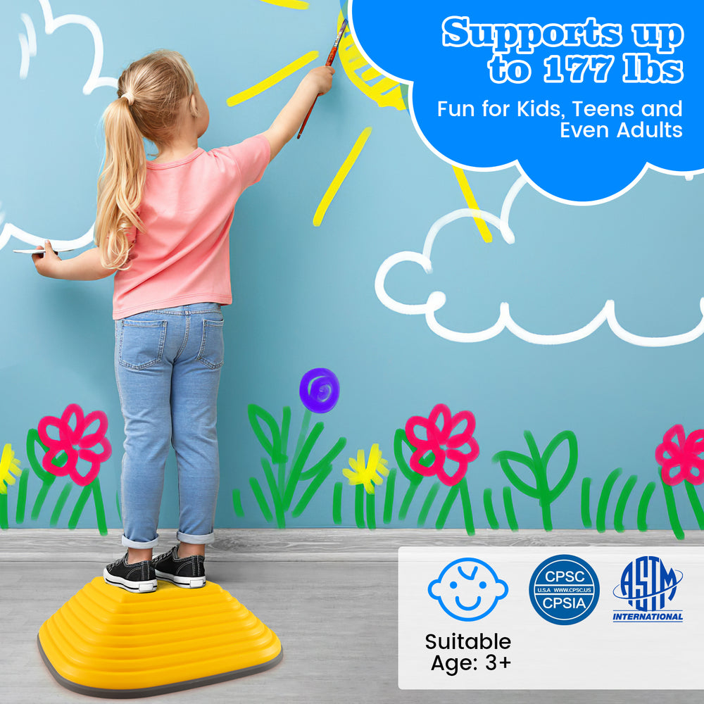 Colorful kids' stepping stones for balance games, supporting up to 177 lbs, ideal for indoor and outdoor fun.
