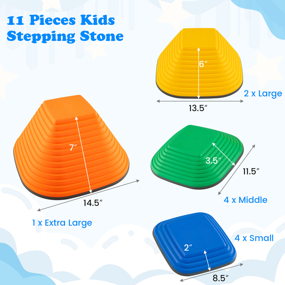 Colorful stackable kids stepping stones in various sizes for balance games, promoting muscle strength and teamwork.