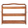 3-tier acacia wood shoe rack with removable shelves and side metal hooks, ideal for hallway or living room storage.