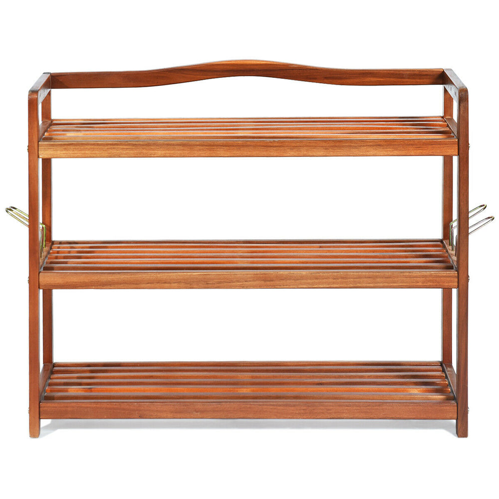 3-tier acacia wood shoe rack with removable shelves and side metal hooks, ideal for hallway or living room storage.