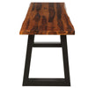 Solid acacia wood dining bench with metal legs, featuring a polished surface and minimalistic design for outdoor.