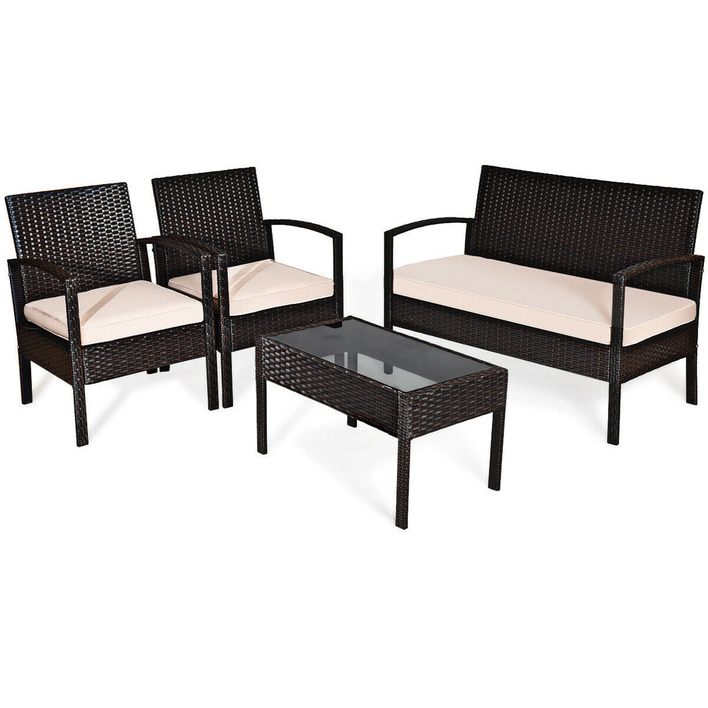 Coffee table from the 4 Pieces Patio Rattan Conversation Set, featuring a sleek design and durable PE rattan for.