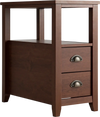 Compact brown end table with two drawers and shelf, featuring rustic metal handles, perfect for bedroom or living room.