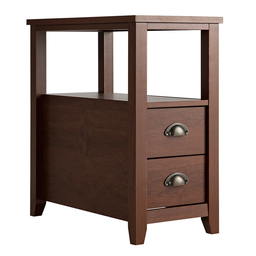 End Table Wooden with 2 Drawers and Shelf Bedside Table-Brown - Gallery View 1 of 11