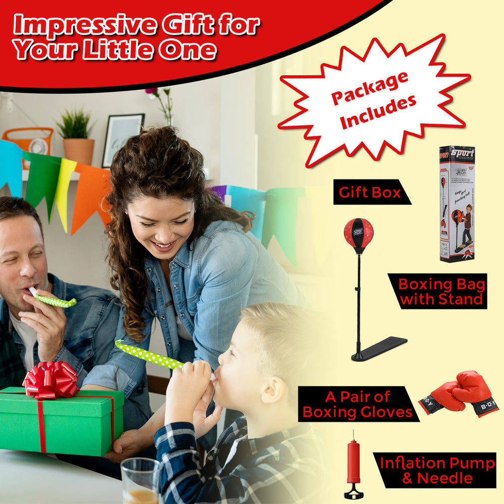 Kids punching bag with adjustable stand and gloves, featuring a soft cover for safety, perfect for developing.