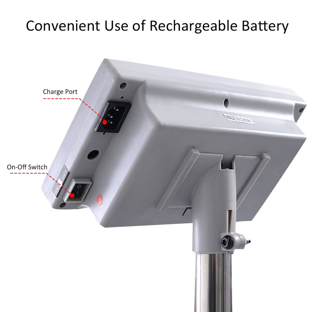 Rechargeable battery charge port and on-off switch for the 660 lbs digital floor platform scale's stainless steel.