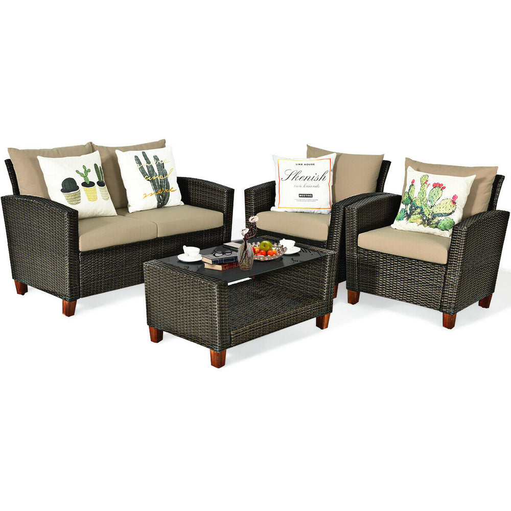 4-piece patio rattan furniture set with cushions, featuring ergonomic design and weather-proof PE wicker for outdoor.