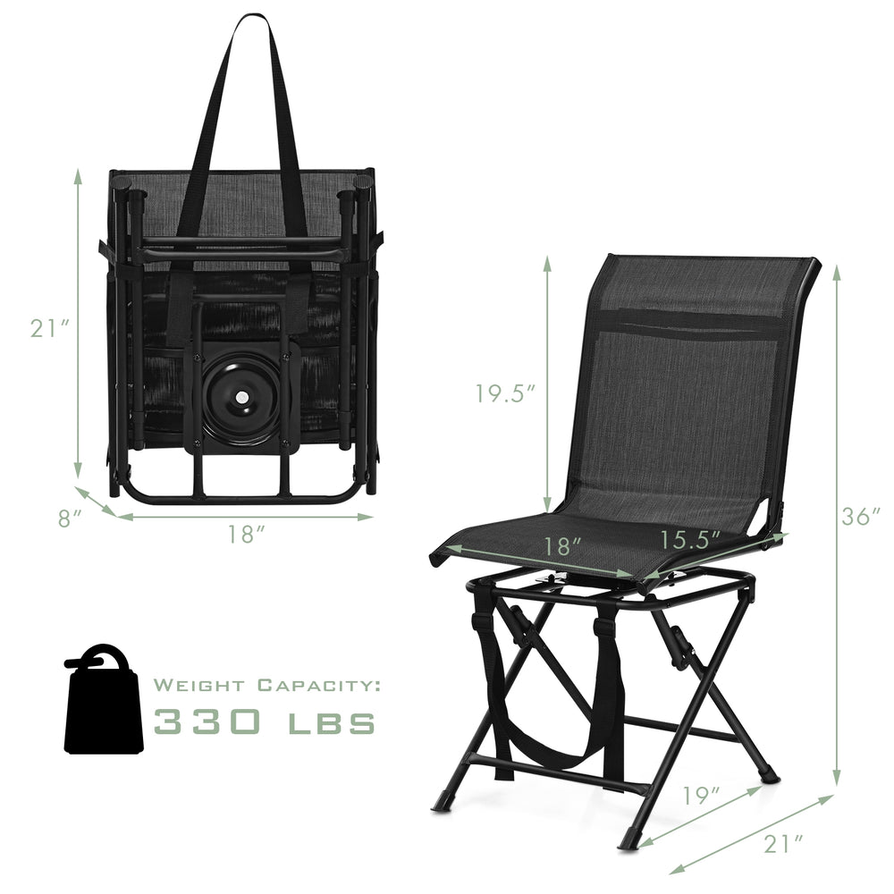 Foldable 360-degree swivel chair in black with iron frame, designed for outdoor use and supports up to 330 lbs.