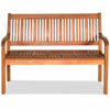Two-person solid wood garden bench with curved backrest and wide armrests in natural teak color for indoor or outdoor.