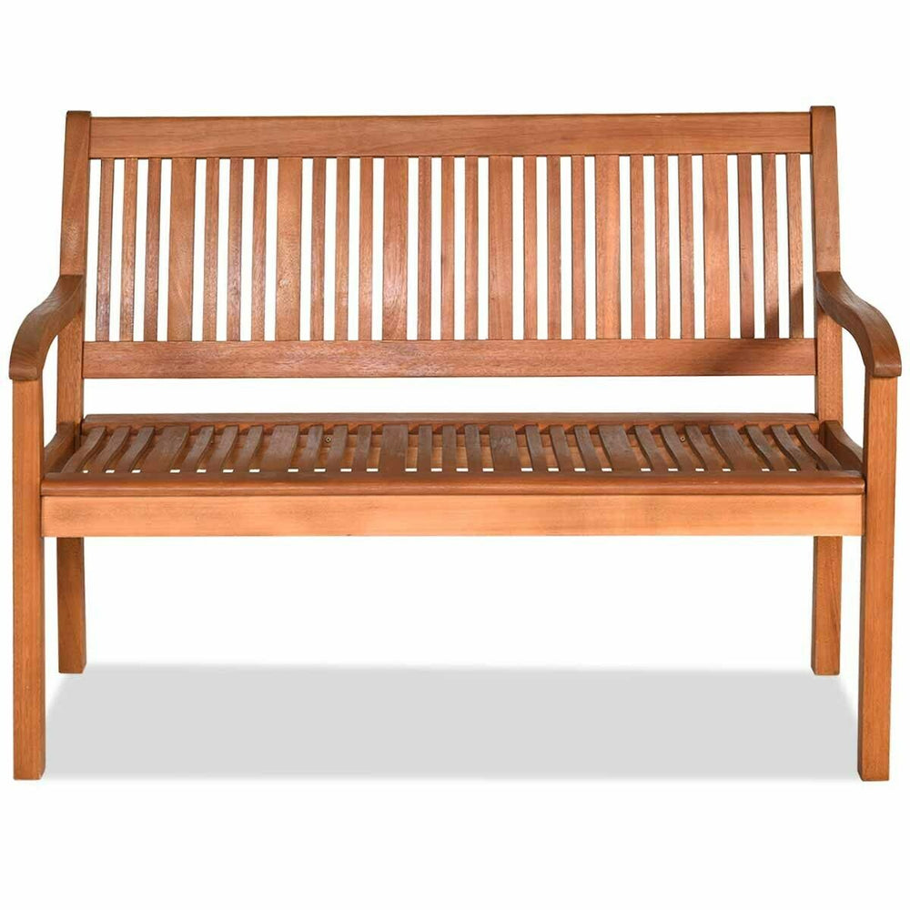 Two-person solid wood garden bench with curved backrest and wide armrests in natural teak color for indoor or outdoor.