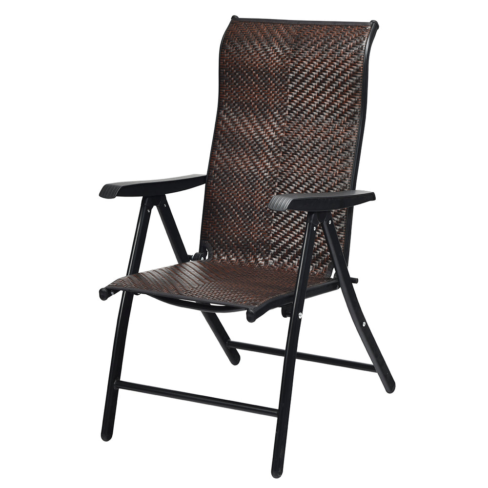 Folding rattan reclining chair with adjustable backrest and durable steel frame, perfect for outdoor patio relaxation.