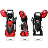 Electric high pressure washer in red, showing front, side, and back views, featuring 3000 PSI and hose reel for easy.