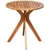 Round 27-inch solid wood bistro table with X-shaped legs, varnished for waterproofing, ideal for outdoor or indoor use.