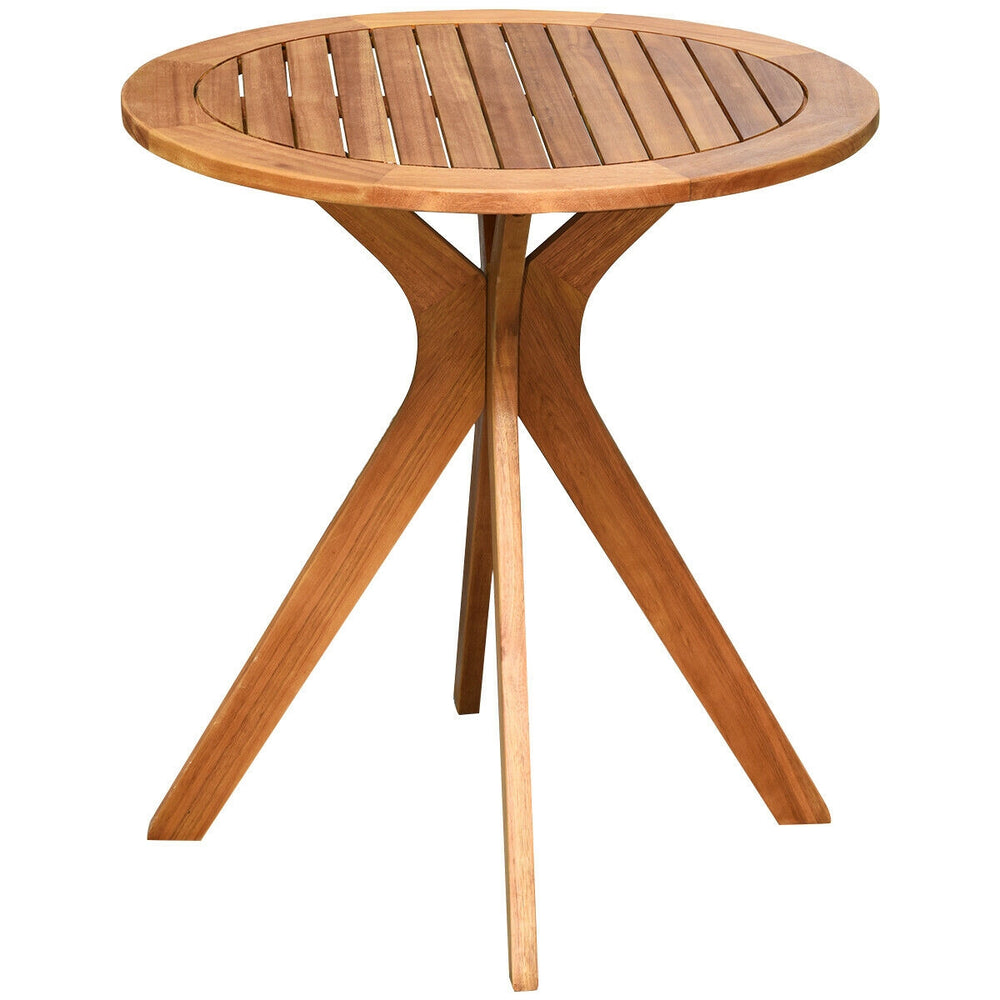 Round 27-inch solid wood bistro table with X-shaped legs, varnished for waterproofing, ideal for outdoor or indoor use.