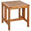 Acacia wood patio table with slatted top, perfect for outdoor relaxation in rustic teak color. Ideal for tea time.
