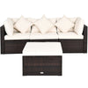 L-shaped 4-piece rattan wicker sofa set with white cushions, perfect for outdoor patios and gardens.