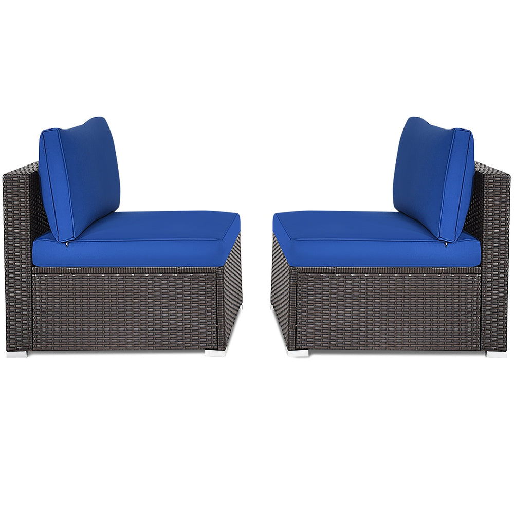 Armless patio sofa set featuring navy cushions, sturdy rattan design, perfect for outdoor relaxation.