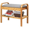 Bamboo shoe rack bench with storage shelf, ergonomic height, and space for shoes, perfect for entryways and hallways.