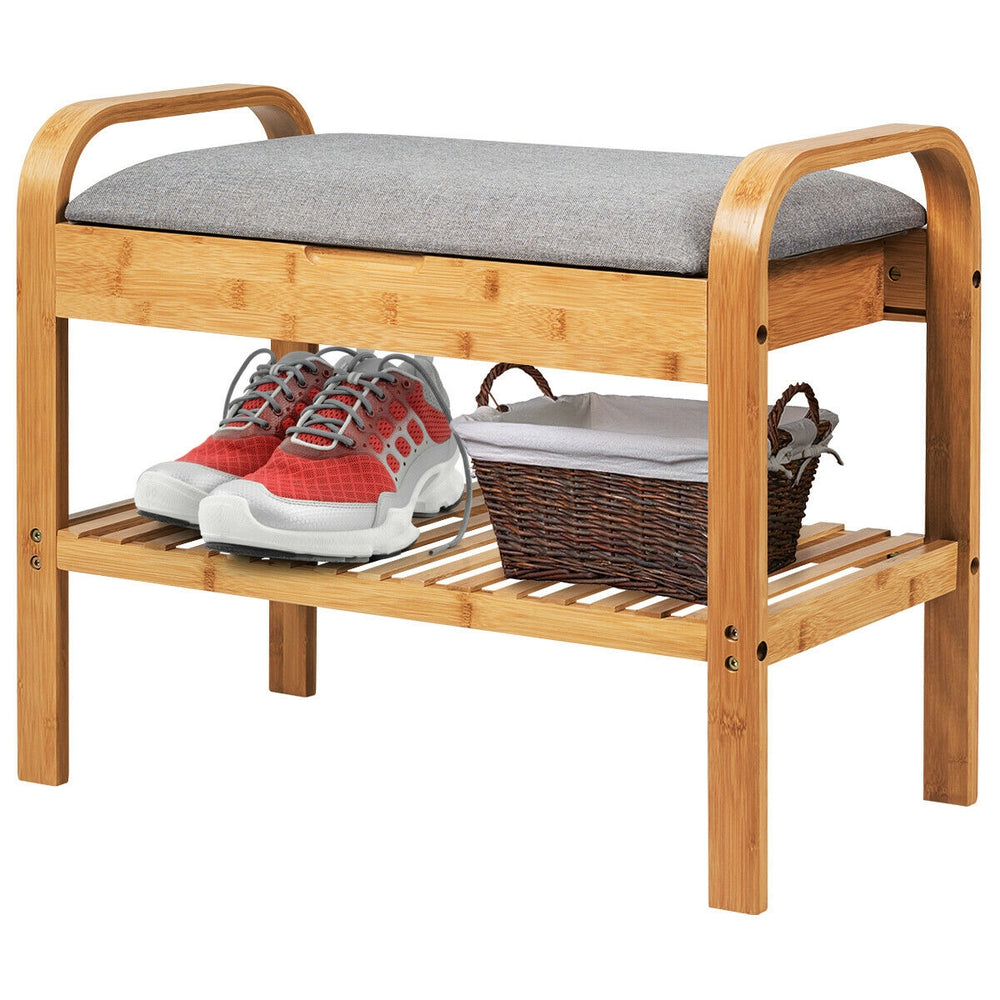 Bamboo shoe rack bench with storage shelf, ergonomic height, and space for shoes, perfect for entryways and hallways.